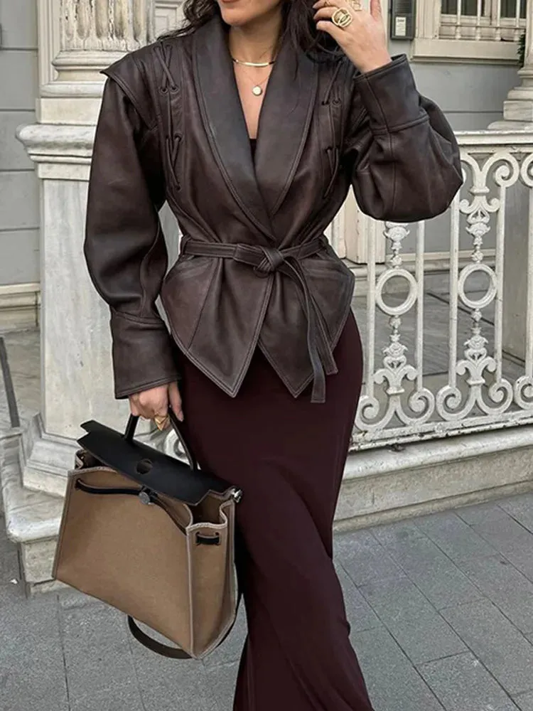 binfenxie Fashion Leather Woman Short Jacket With Belt Turn Down Collar Long Sleeve Motorcycle Coat Ladies Winter Warm Street Outerwear