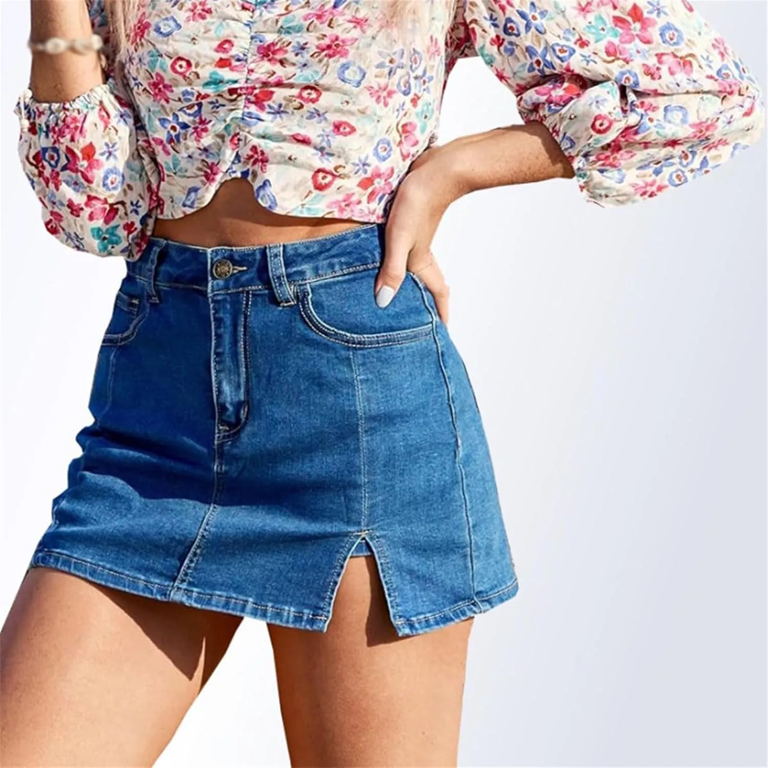 BloomySkorts Jean Skorts, Woman High Waisted Casual Stretchy Denim Skirt, Y2K High Waisted Side Split Mini Skirts