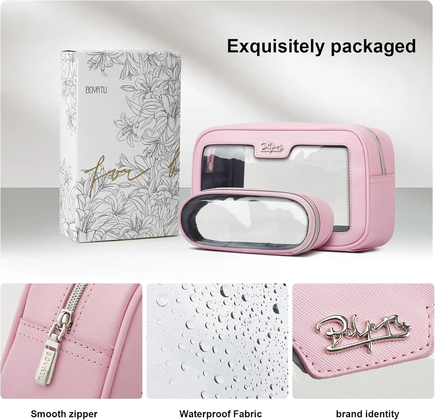 BOYATU Clear Travel Makeup Bag: 2 Pcs Set Make up Bag - Cosmetic Bags for Women - Waterproof Toiletry Bags Skincare Pouch (01-Pink)