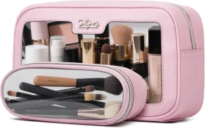 BOYATU Clear Travel Makeup Bag: 2 Pcs Set Make up Bag - Cosmetic Bags for Women - Waterproof Toiletry Bags Skincare Pouch (01-Pink)