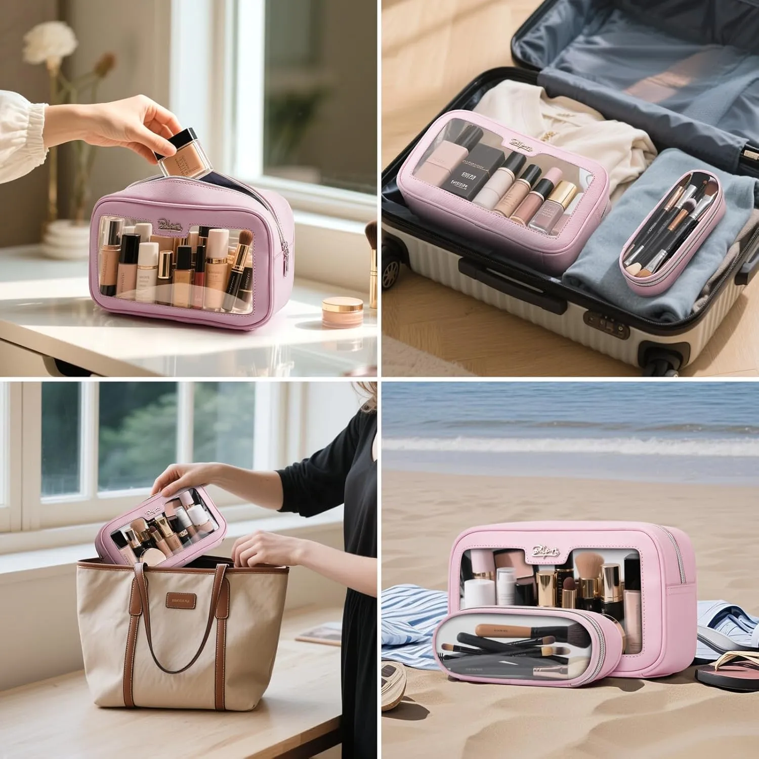 BOYATU Clear Travel Makeup Bag: 2 Pcs Set Make up Bag - Cosmetic Bags for Women - Waterproof Toiletry Bags Skincare Pouch (01-Pink)