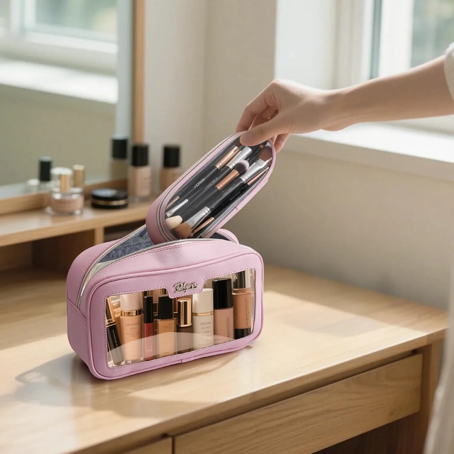 BOYATU Clear Travel Makeup Bag: 2 Pcs Set Make up Bag - Cosmetic Bags for Women - Waterproof Toiletry Bags Skincare Pouch (01-Pink)