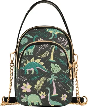 Bright Dinosaurs Green Plants Quilted Girls Ladies Wallet Purse Wallet Bag with Strap PU Leather Shoulder Handbags