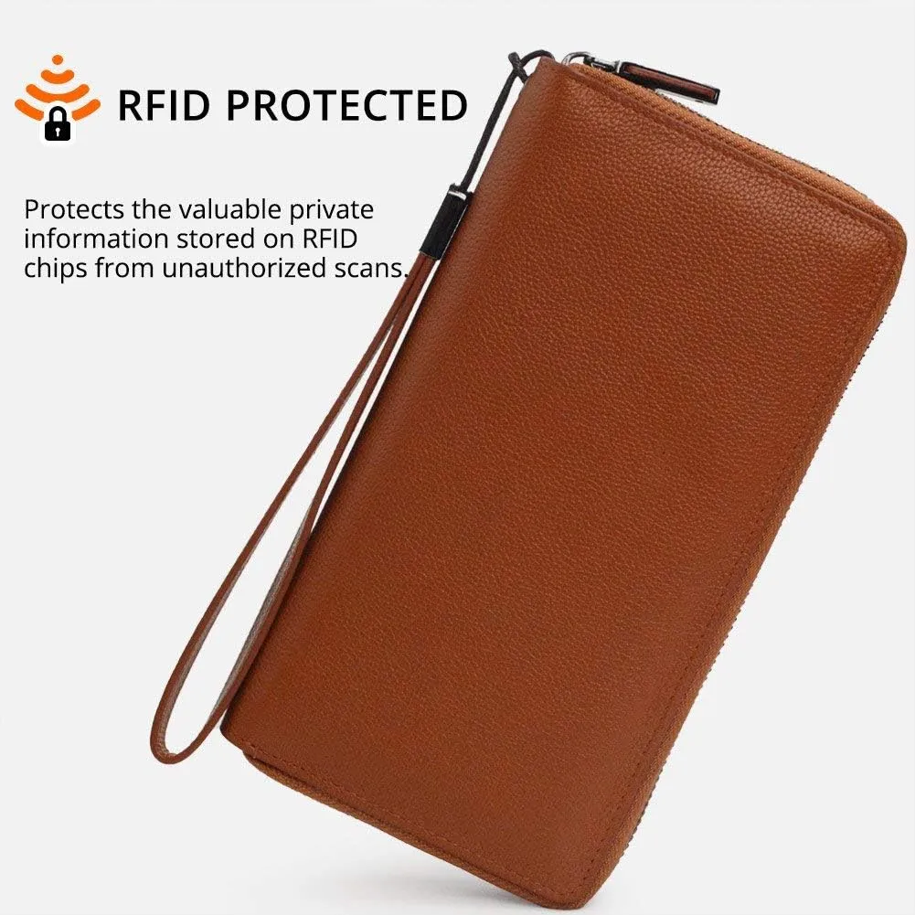 Bveyzi Women RFID Blocking Wallet Leather Zip Around Phone Clutch Large Capacity Ladies Travel Purse Wristlet