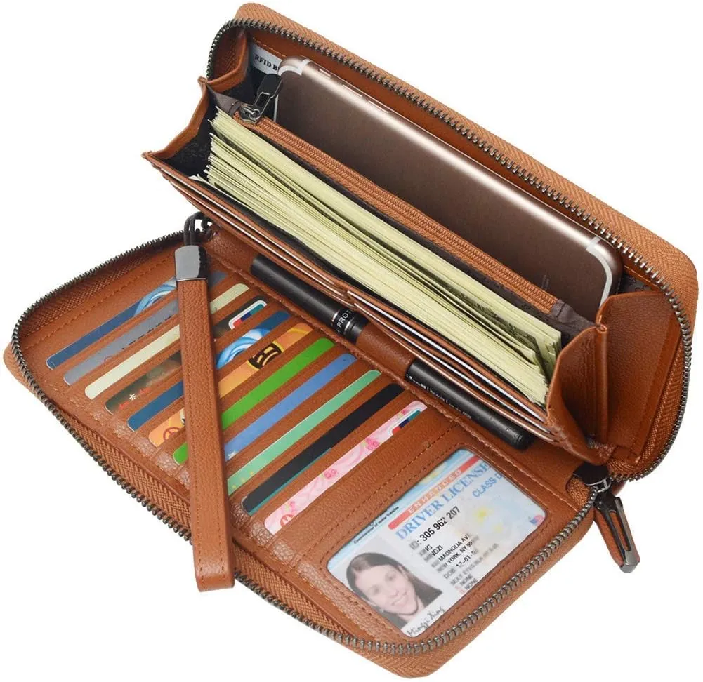 Bveyzi Women RFID Blocking Wallet Leather Zip Around Phone Clutch Large Capacity Ladies Travel Purse Wristlet