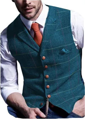 Casual Men's Vest for Wedding Plaid Soft Wool Tweed Waistcoat for Groosmen Best Man