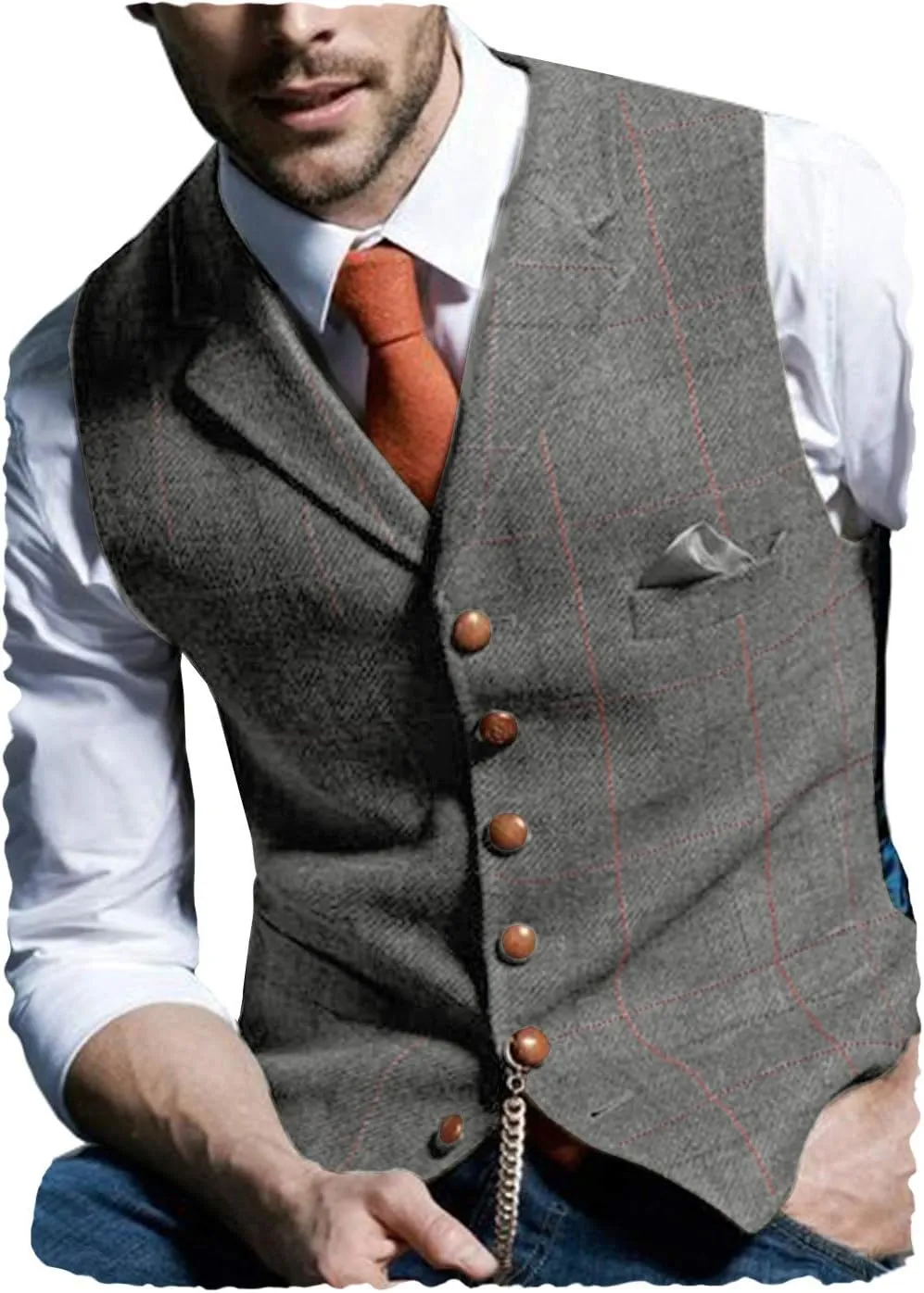 Casual Men's Vest for Wedding Plaid Soft Wool Tweed Waistcoat for Groosmen Best Man