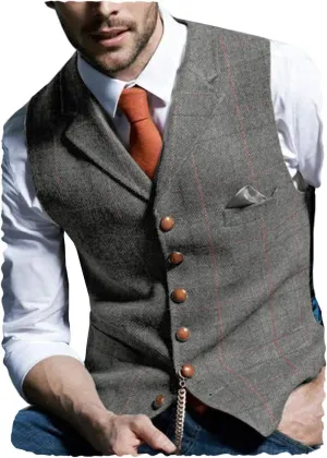 Casual Men's Vest for Wedding Plaid Soft Wool Tweed Waistcoat for Groosmen Best Man