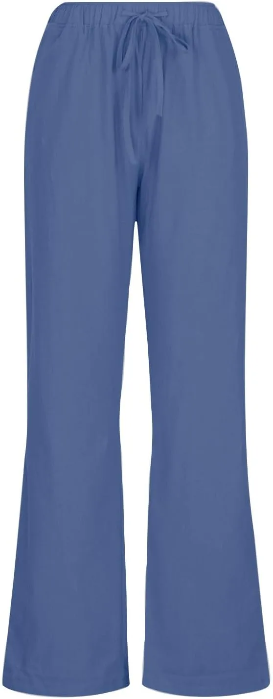 Casual Pants for Women 2025 Summer Cotton Linen Wide Leg Boho High Elastic Waist Lounge Long Trousers with Pockets