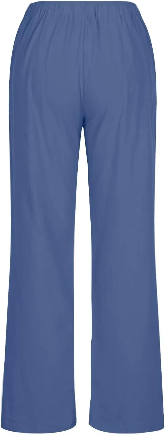 Casual Pants for Women 2025 Summer Cotton Linen Wide Leg Boho High Elastic Waist Lounge Long Trousers with Pockets