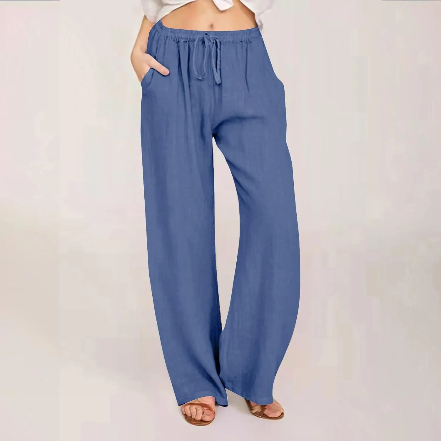 Casual Pants for Women 2025 Summer Cotton Linen Wide Leg Boho High Elastic Waist Lounge Long Trousers with Pockets
