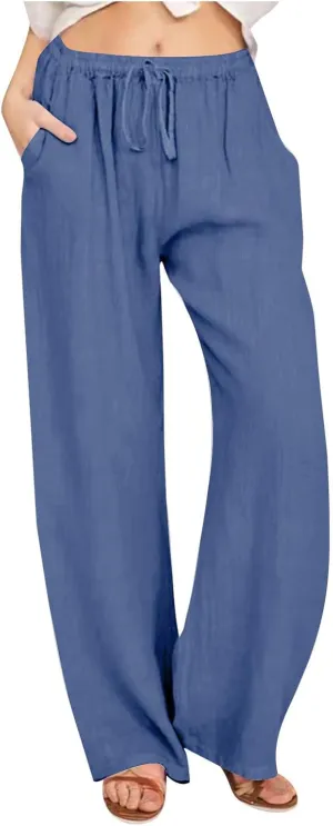 Casual Pants for Women 2025 Summer Cotton Linen Wide Leg Boho High Elastic Waist Lounge Long Trousers with Pockets