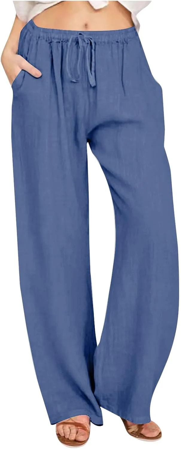 Casual Pants for Women 2025 Summer Cotton Linen Wide Leg Boho High Elastic Waist Lounge Long Trousers with Pockets