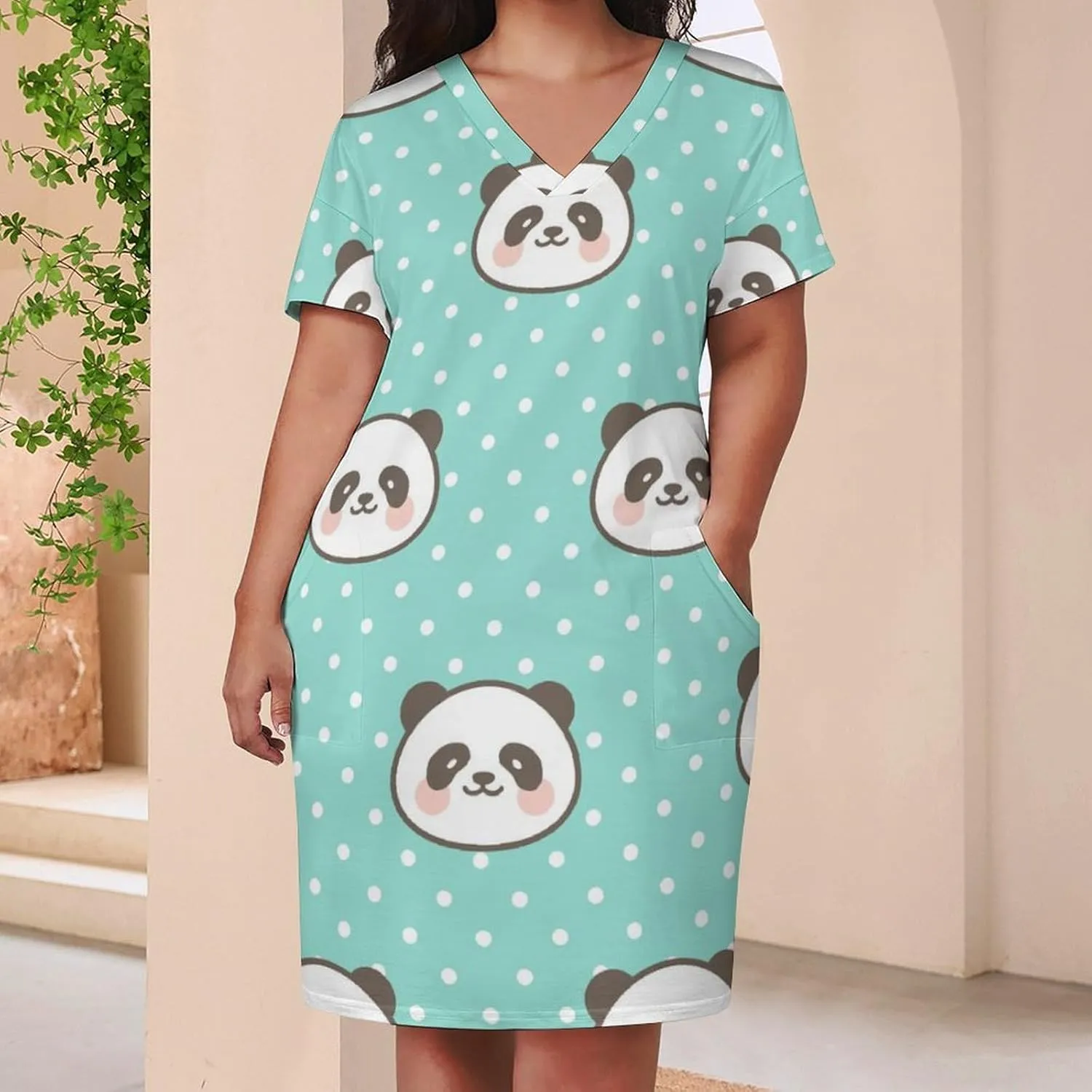 Casual Summer Comfy Dress for Women, Loose V Neck T Shirt Dress, Beach Short Sleeve Midi Dress with Pocket (S-5XL)