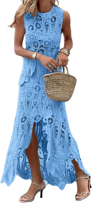 CHARTOU Women Two Pieces Skirt Sets Summer Cut Out Hi-Low Crochet Knit Long Dresses