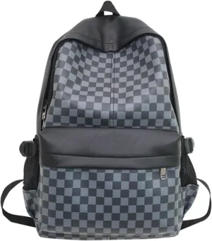 Checkered Aesthetic Backpack for Women Men Vintage PU Leather Cool Y2K Laptop Backpack Plaid Alt Emo Casual Daypack (One Size,Blue)