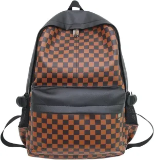 Checkered Aesthetic Backpack for Women Men Vintage PU Leather Cool Y2K Laptop Backpack Plaid Alt Emo Casual Daypack (One Size,Brown)