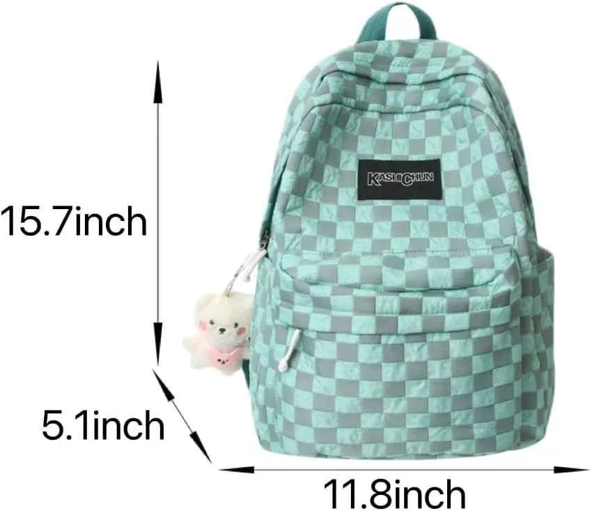 Checkered Backpack for Women Fit 15.6 Inch Laptop Checkerboard Academia Aesthetic Book Bag Cute Plaid Preppy Backpack (Green,One Size)
