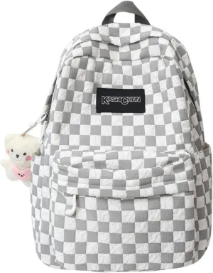 Checkered Backpack for Women Fit 15.6 Inch Laptop Checkerboard Academia Aesthetic Book Bag Cute Plaid Preppy Backpack (Grey,One Size)