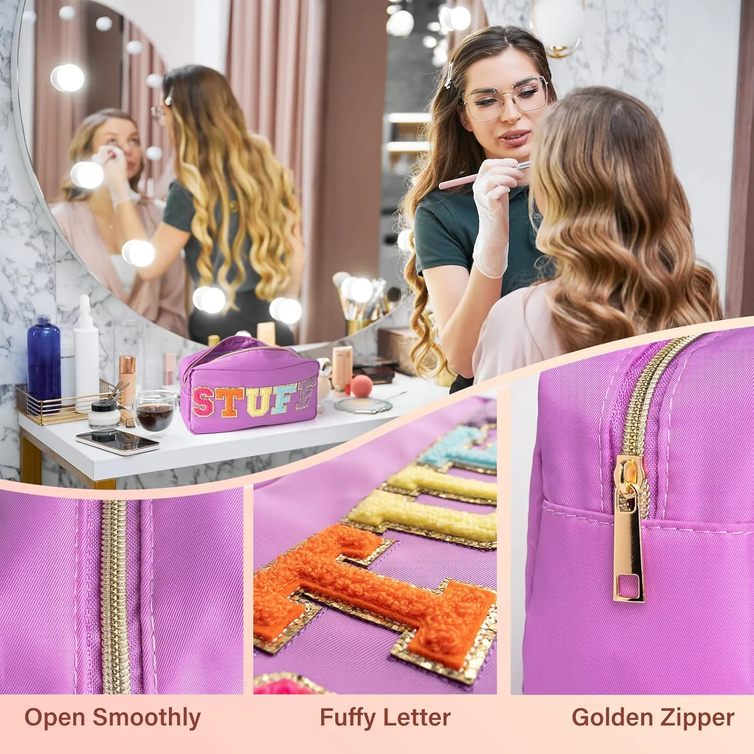 Chenille Alphabet Makeup Kit Bag, Adorable Embroidered Zippered Pouch for Women & Teens, Cute Travel Accessory for Everyday Essentials & Festive Presents