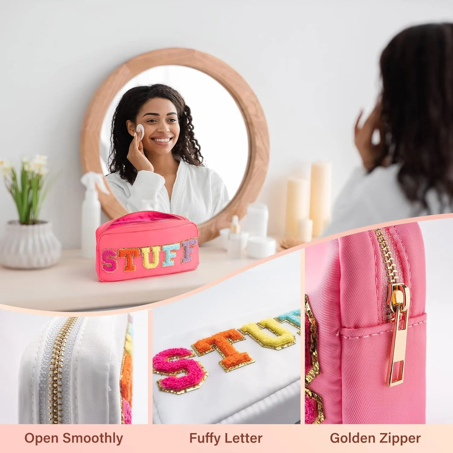 Chenille Alphabet Makeup Kit Bag, Adorable Embroidered Zippered Pouch for Women & Teens, Cute Travel Accessory for Everyday Essentials & Festive Presents