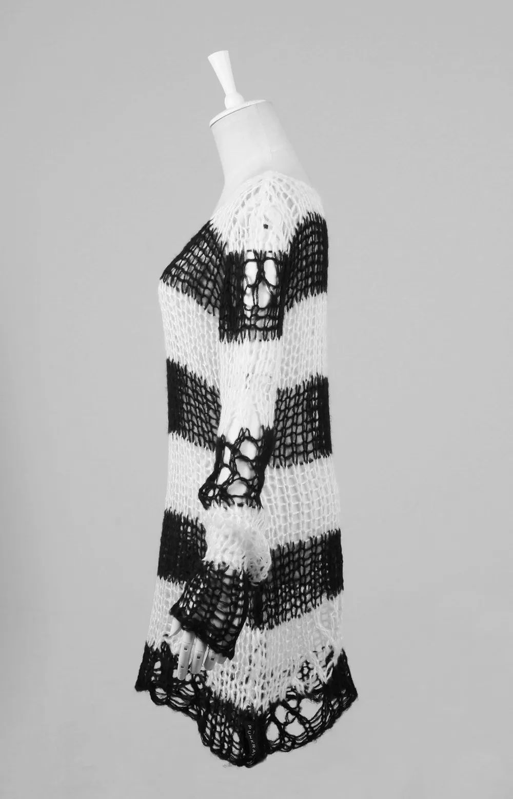 Chic Black and White Striped Long Sweater With Holes
