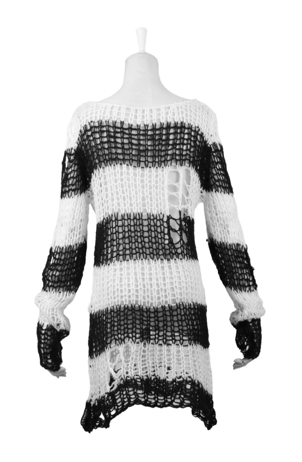 Chic Black and White Striped Long Sweater With Holes