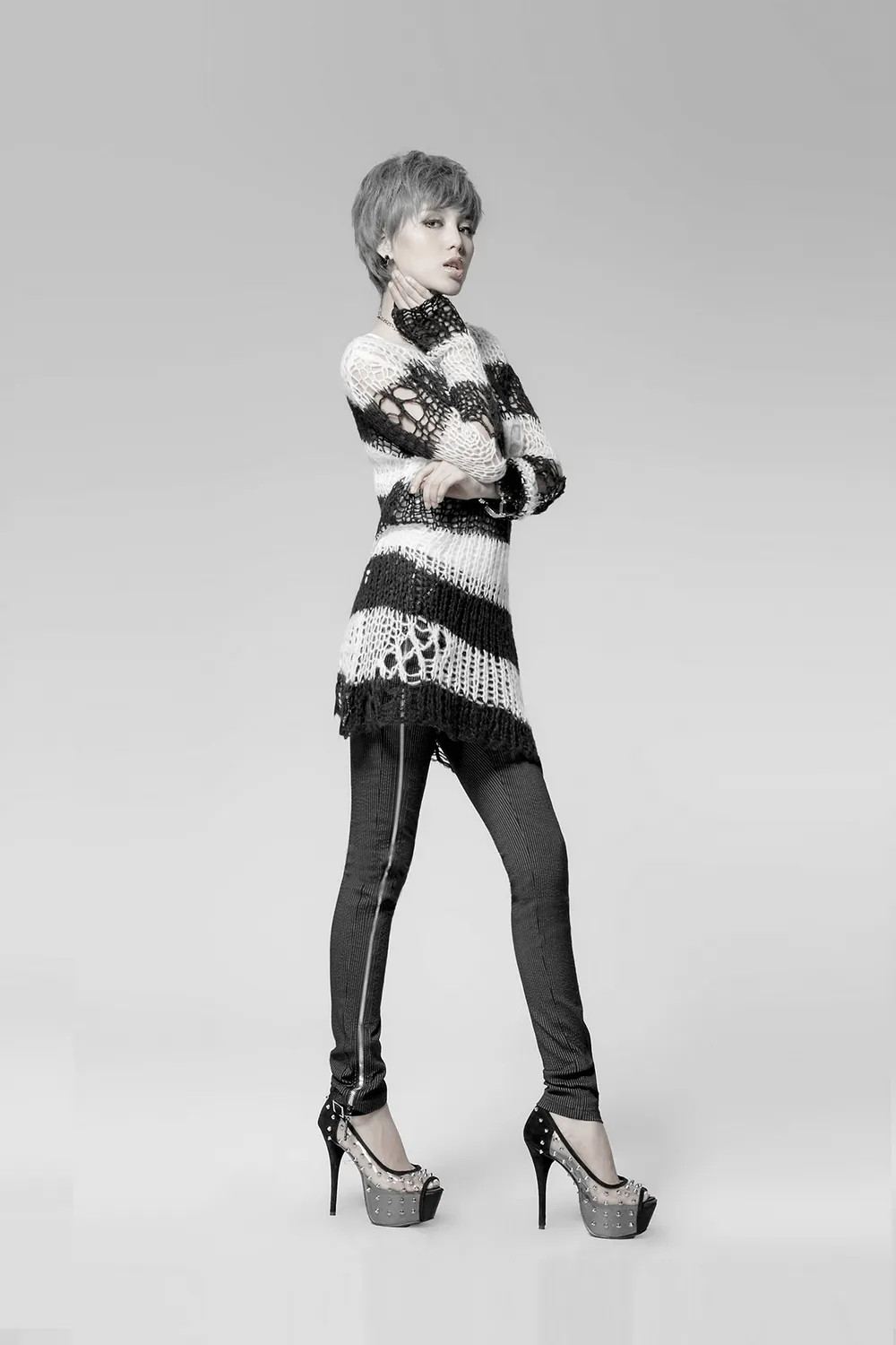 Chic Black and White Striped Long Sweater With Holes