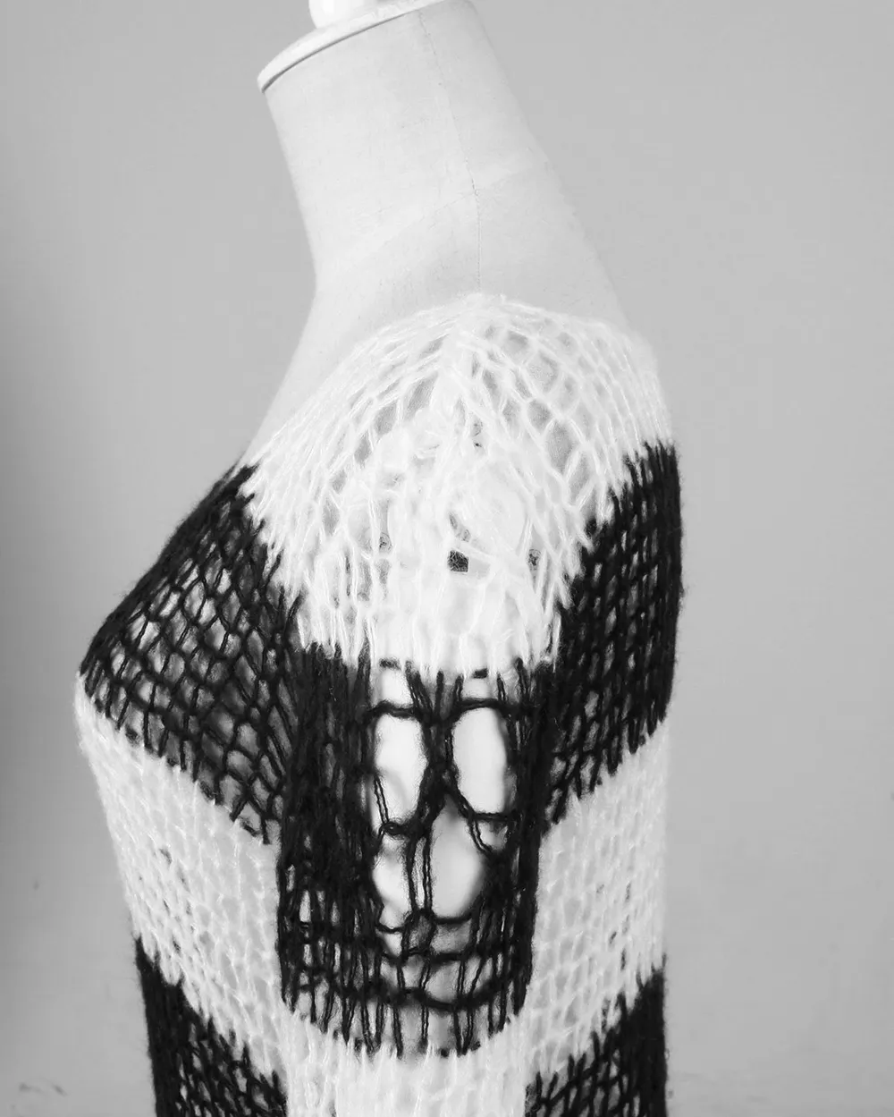 Chic Black and White Striped Long Sweater With Holes