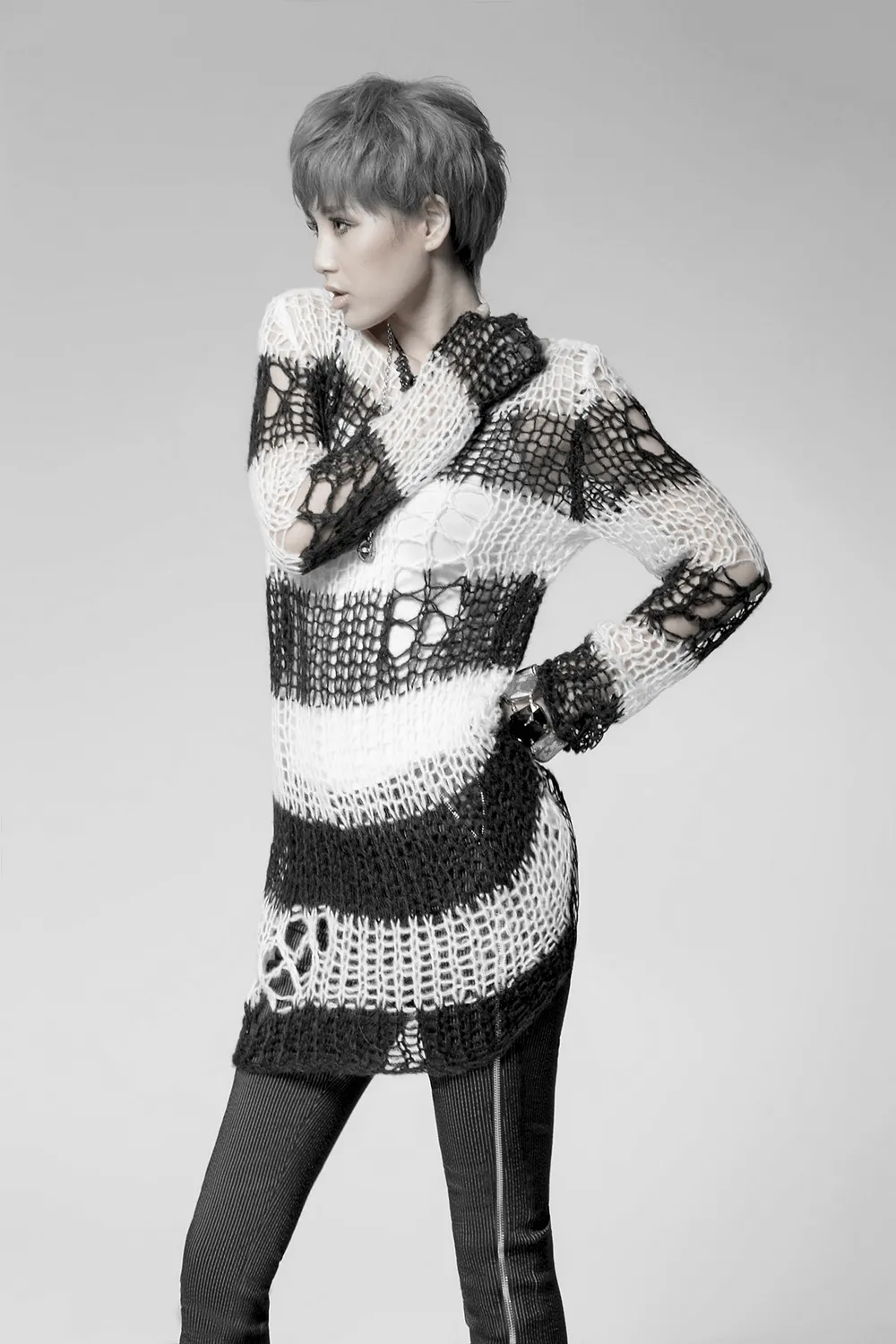 Chic Black and White Striped Long Sweater With Holes