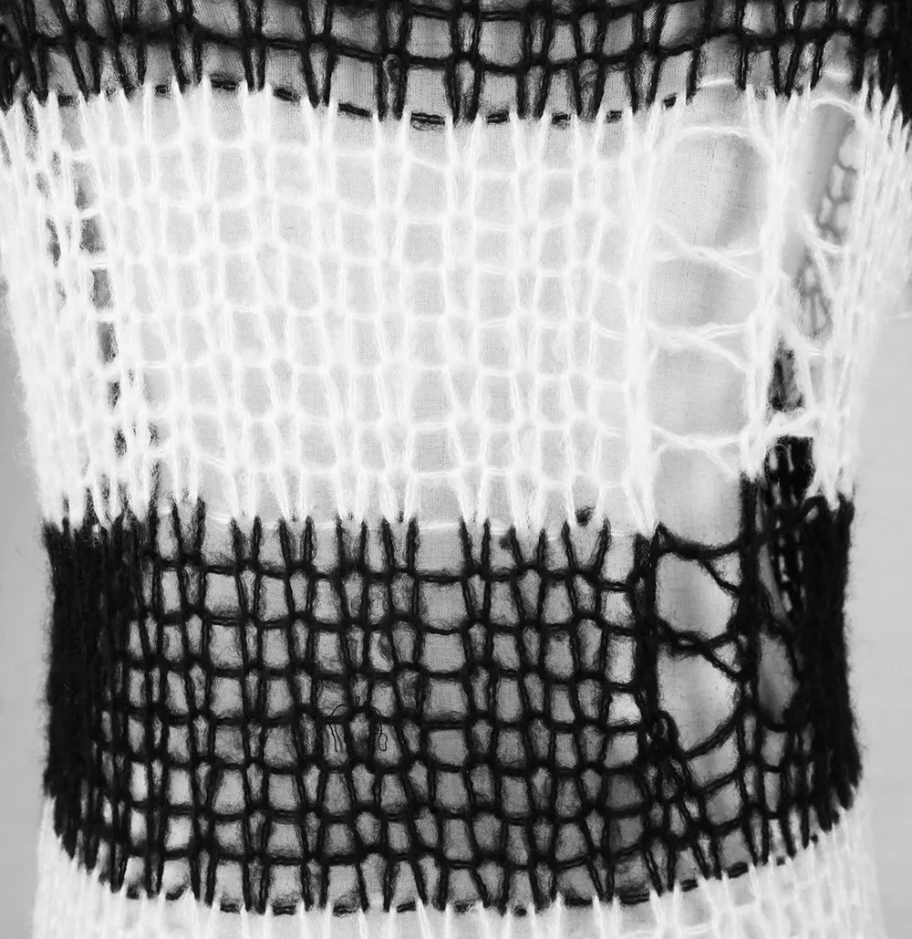 Chic Black and White Striped Long Sweater With Holes