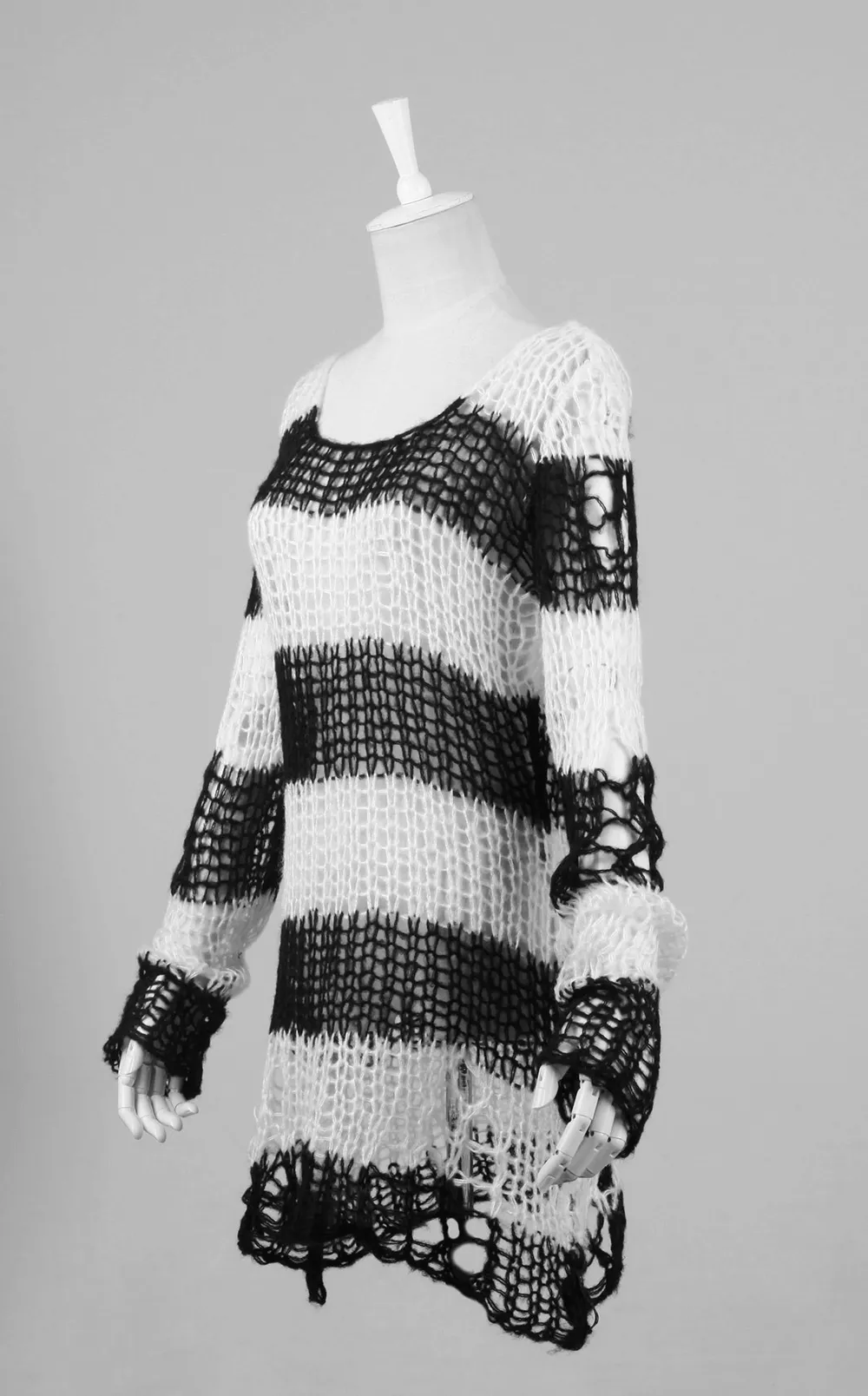 Chic Black and White Striped Long Sweater With Holes