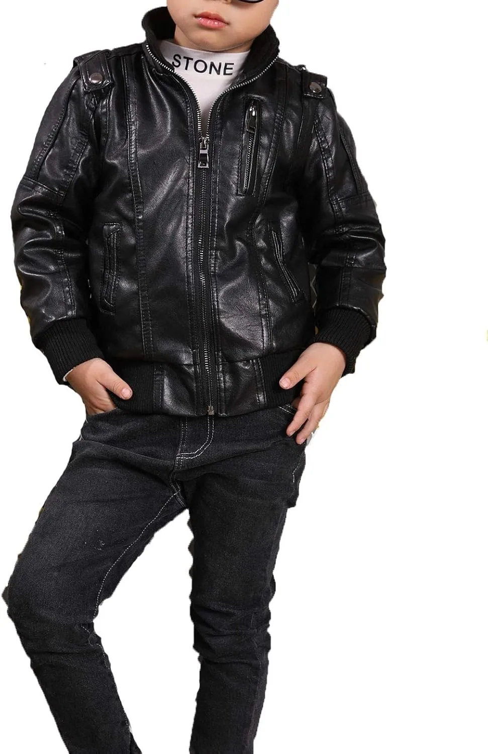 Children Leather Jacket Kids Motorcycle Biker Jacket Stand Collar Zipper Faux Leather Coat