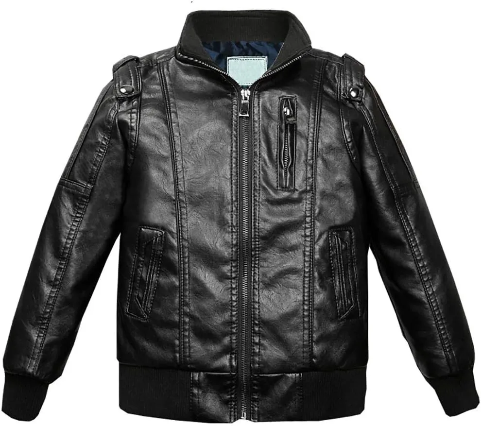 Children Leather Jacket Kids Motorcycle Biker Jacket Stand Collar Zipper Faux Leather Coat
