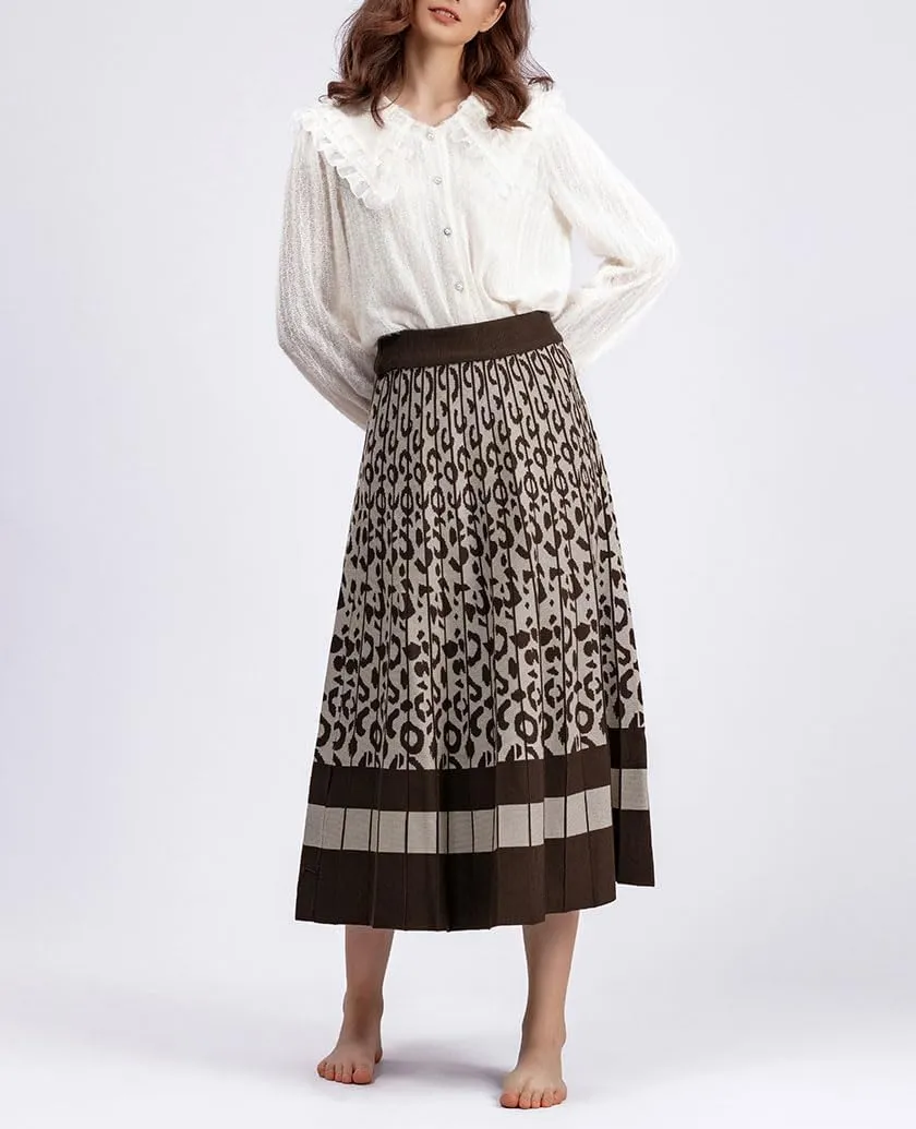 chouyatou Women's Winter Leopard Print Pleated Knit Skirt Boho Elastic Waist A-line Swing Midi Long Skirt