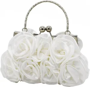 Clutch Purses for Women Satin Rose Evening Handbag for Women Designer Clutch Bag for Weddings and Special Occasions(White)