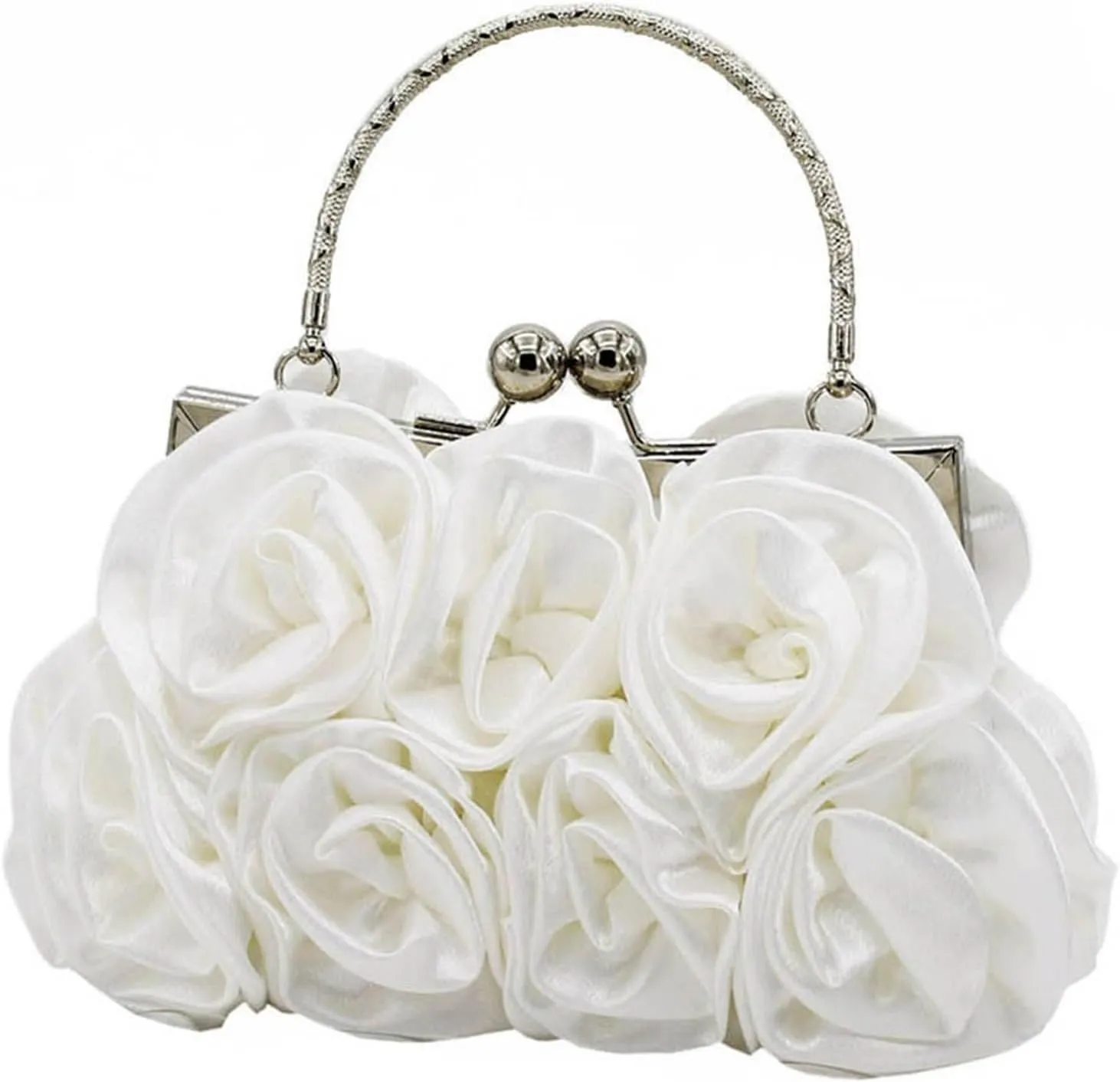 Clutch Purses for Women Satin Rose Evening Handbag for Women Designer Clutch Bag for Weddings and Special Occasions(White)