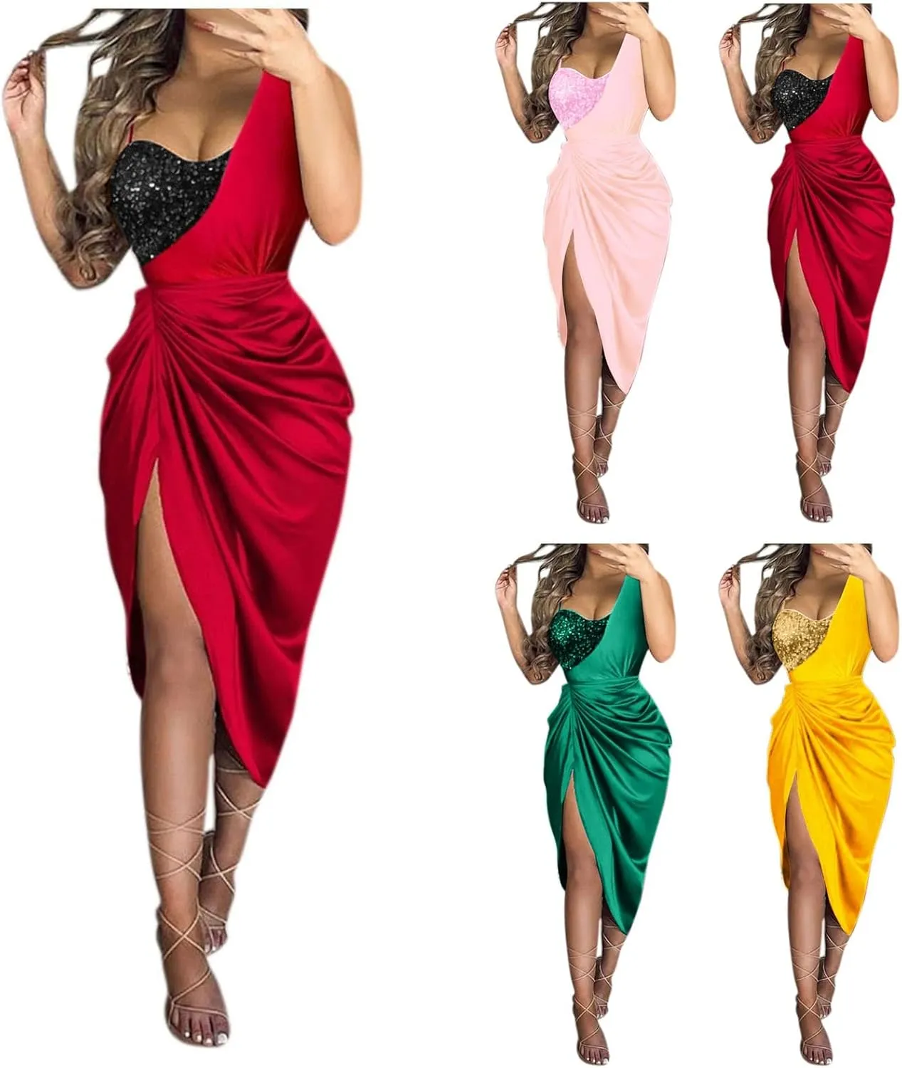 Cocktail Dresses,Sequin Bodycon One Shoulder Sexy Slit Midi Dress Formal Elegant Plus Size for Evening Dinner