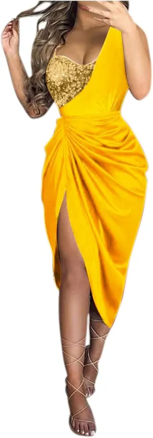 Cocktail Dresses,Sequin Bodycon One Shoulder Sexy Slit Midi Dress Formal Elegant Plus Size for Evening Dinner