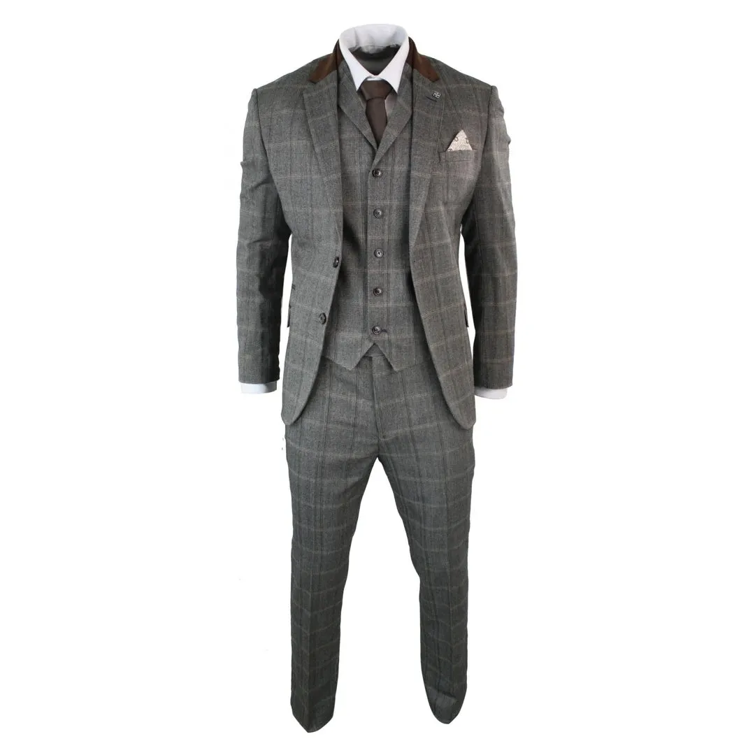 Connall - Men's Check Tweed Wool 3 Piece Tan Brown Beige Suit