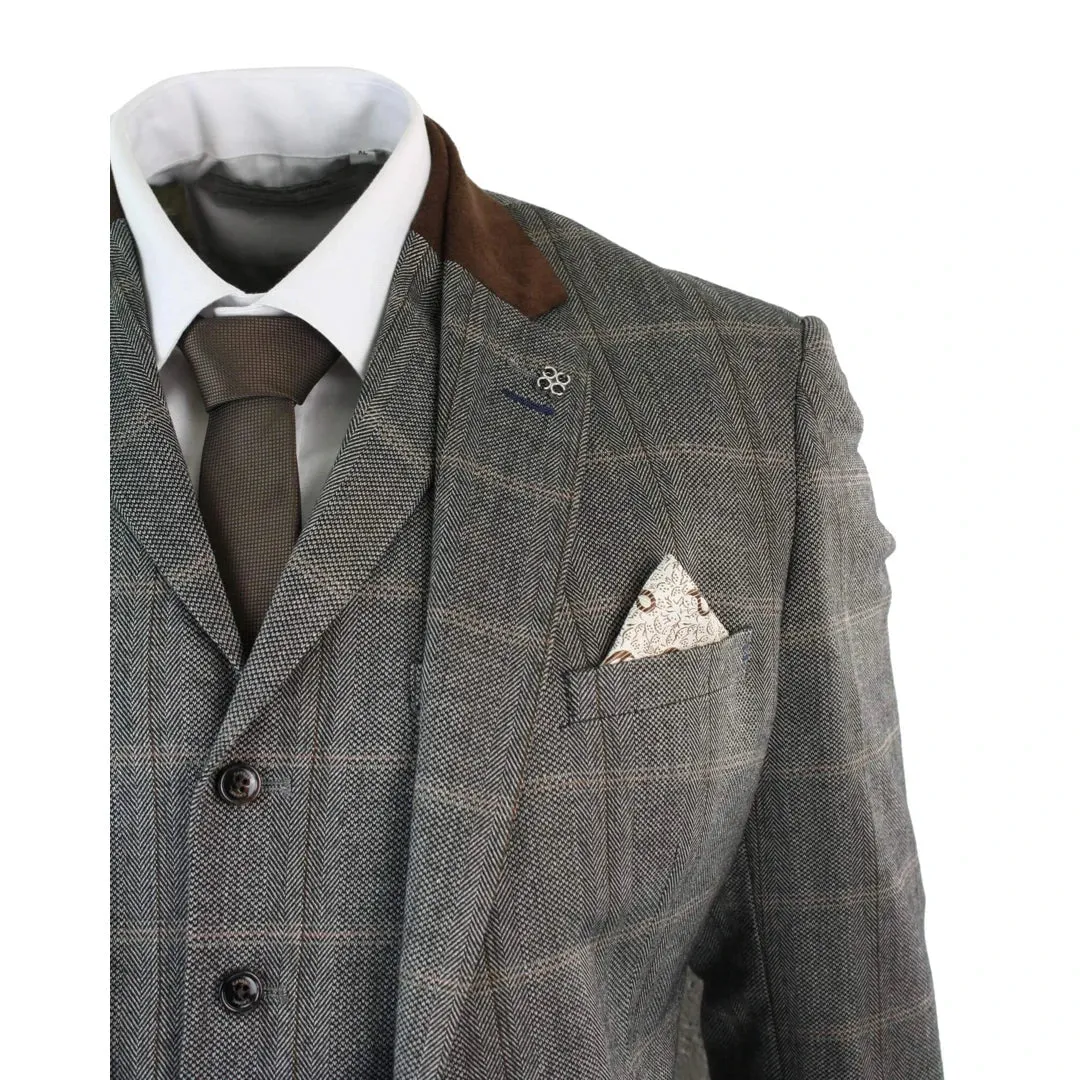 Connall - Men's Check Tweed Wool 3 Piece Tan Brown Beige Suit