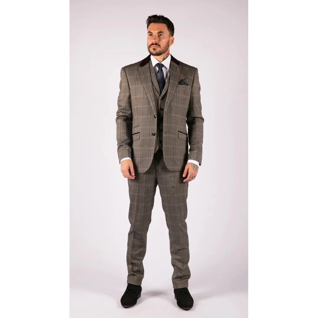 Connall - Men's Check Tweed Wool 3 Piece Tan Brown Beige Suit