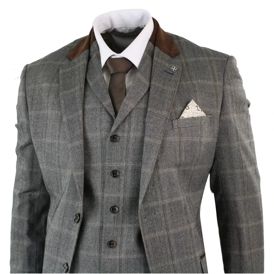 Connall - Men's Check Tweed Wool 3 Piece Tan Brown Beige Suit