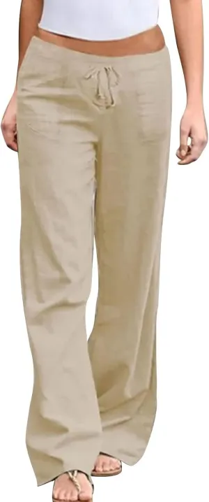 Cotton Linen Pants for Women 2025 Summer Elastic Waist Cropped Wide Leg Trouser Loose Casual Palazzo Pants Pockets