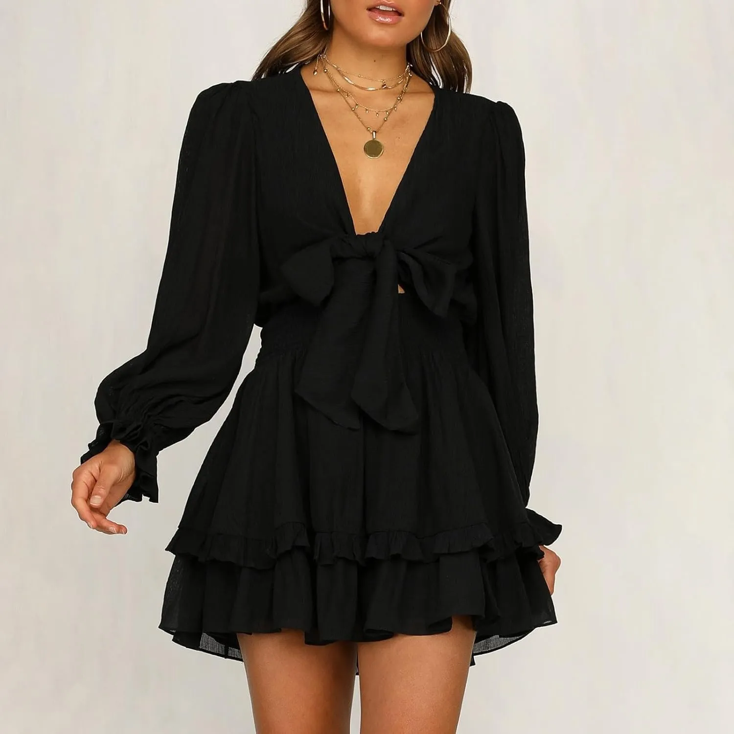 Crzidha Mini Dresses for Women Spring Summer Knot Front V Neck Ruffles Long Sleeve Floral Print Swing Short Dress