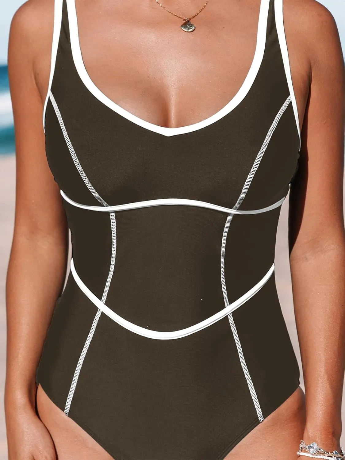 CUPSHE Women's One Piece Swimsuit Scoop Neck Bathing Suit Color Block Adjustable Wide Straps