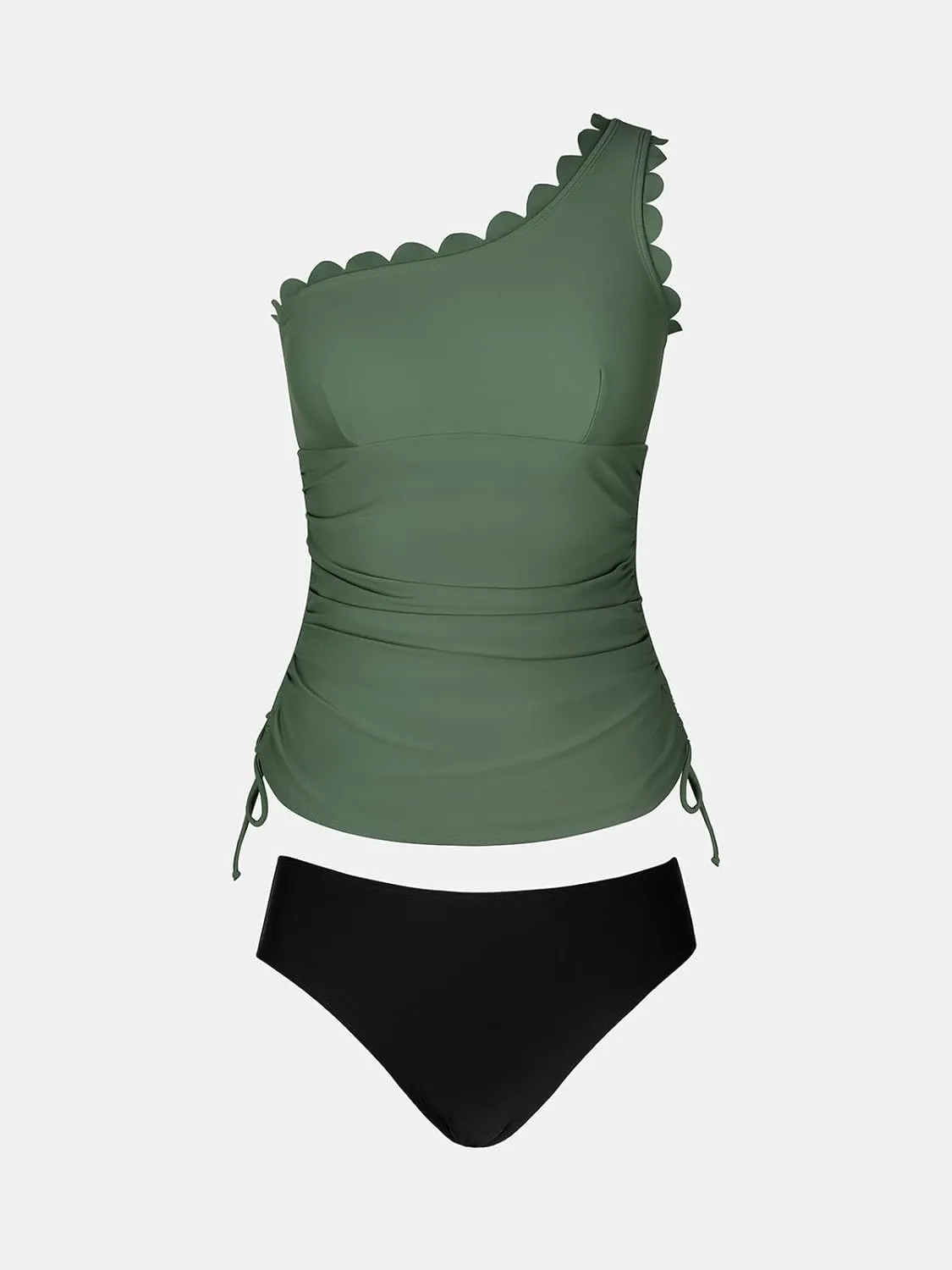 CUPSHE Women's Tankini Sets One Shoulder Scalloped Neck Two Piece Bathing Suit Side Tie Ruched Swimsuit