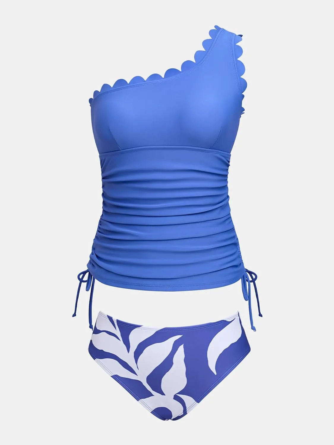 CUPSHE Women's Tankini Sets One Shoulder Scalloped Neck Two Piece Bathing Suit Side Tie Ruched Swimsuit