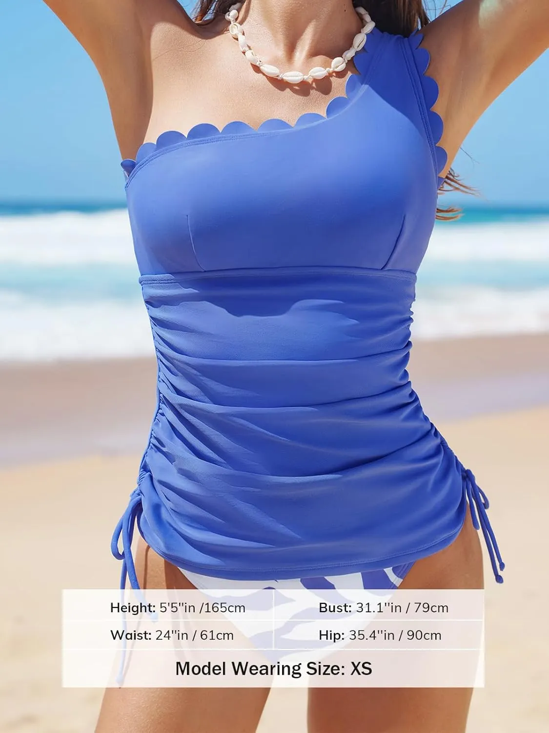 CUPSHE Women's Tankini Sets One Shoulder Scalloped Neck Two Piece Bathing Suit Side Tie Ruched Swimsuit