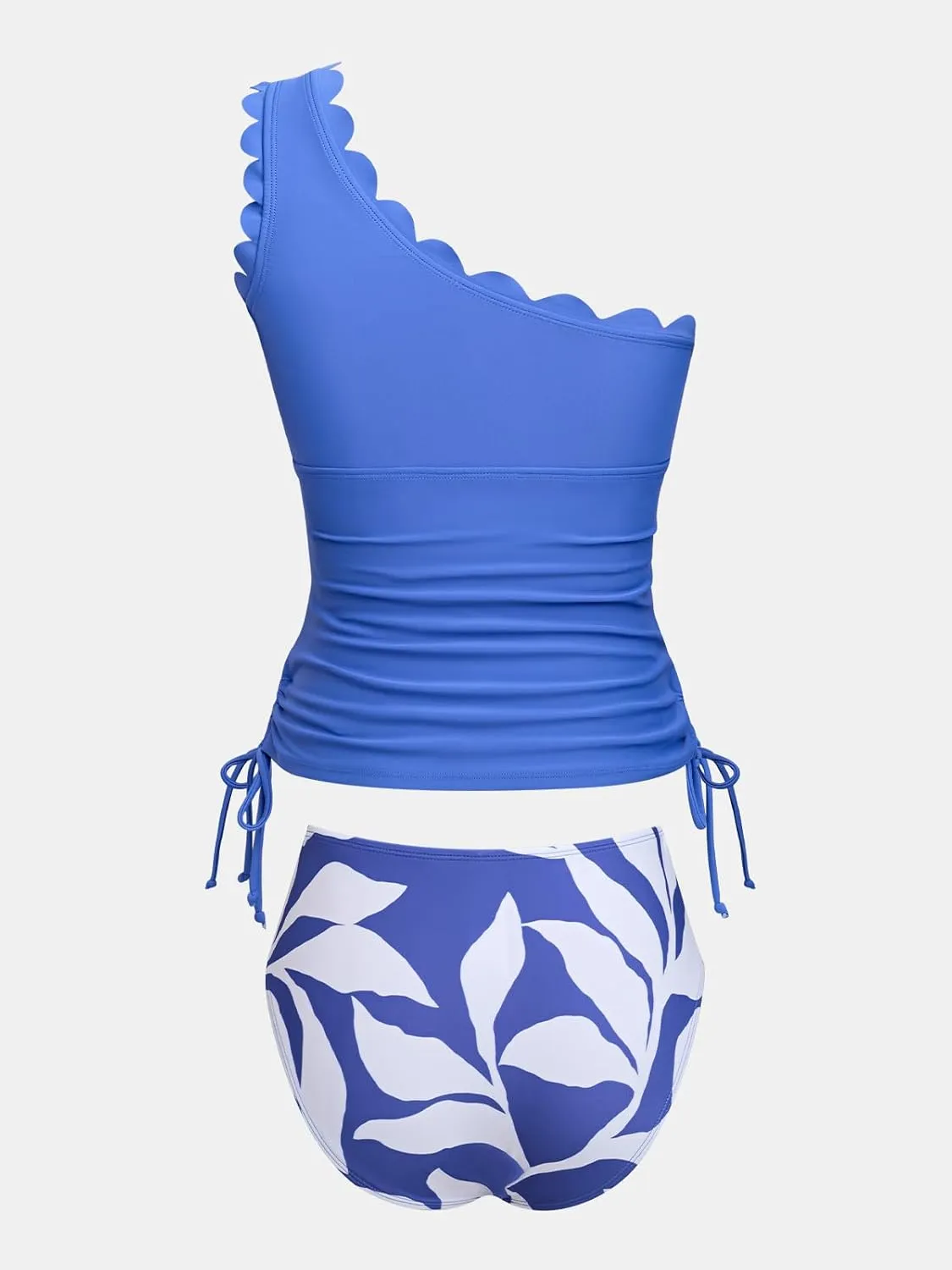 CUPSHE Women's Tankini Sets One Shoulder Scalloped Neck Two Piece Bathing Suit Side Tie Ruched Swimsuit